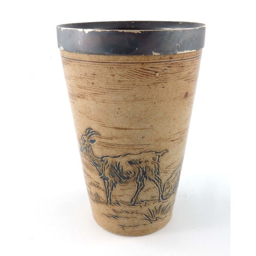 680 - Hannah Barlow for Doulton Lambeth, a stoneware beaker, 1876, sgraffito decorated with goats, silver ... 