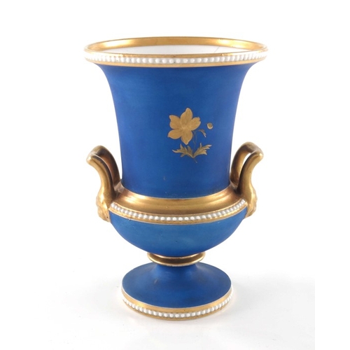 779 - A Spode beaded and chased gold twin handled vase, Campana form, circa 1810, matte blue ground with t... 