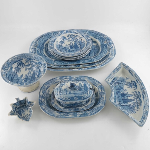 780 - A Davenport blue and white part dinner service, Chinoiserie Ruins, circa 1820, including dessert dis... 