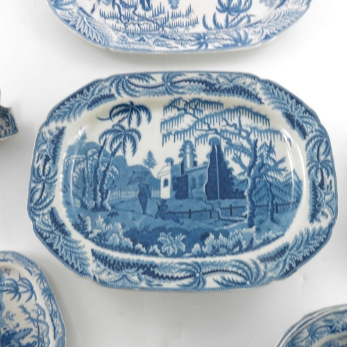 780 - A Davenport blue and white part dinner service, Chinoiserie Ruins, circa 1820, including dessert dis... 