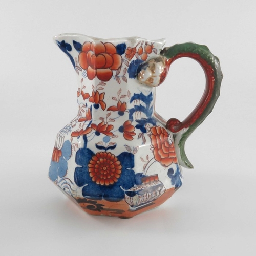 797 - Four ironstone dragon handled jugs, Masons and Davenport, various sizes, Imari and cobalt blue decor... 