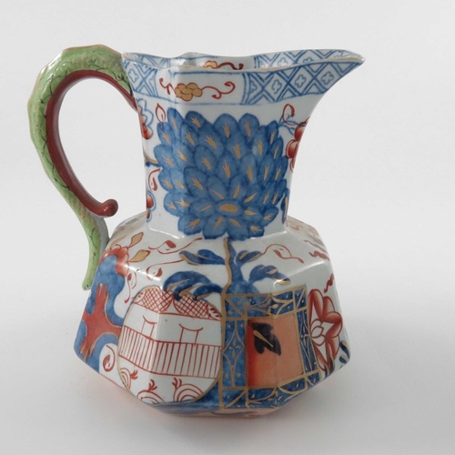 797 - Four ironstone dragon handled jugs, Masons and Davenport, various sizes, Imari and cobalt blue decor... 