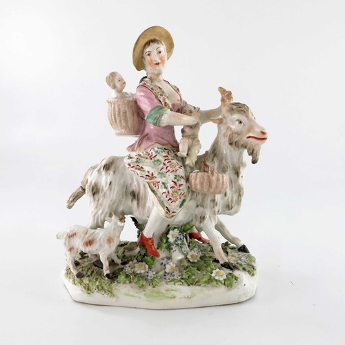 798 - A Derby porcelain figure, the Welch Tailor's Wife, circa 1770, modelled as a woman with children rid... 