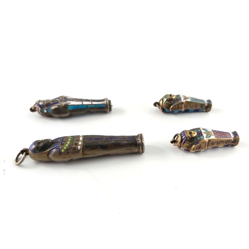 297 - Four gold plated and enamelled novelty Egyptian revival propelling pencils, circa 1920s, modelled as... 