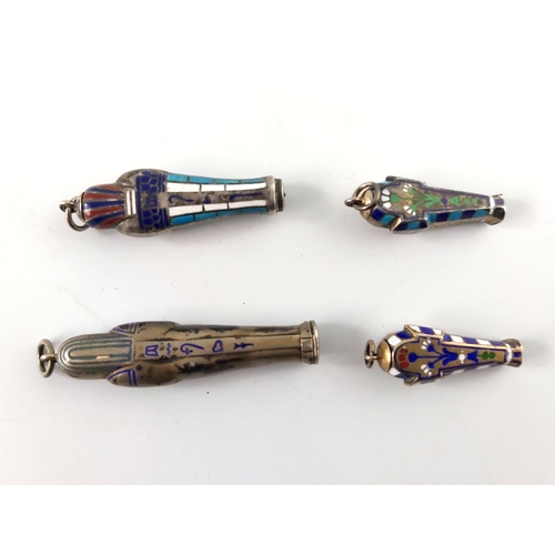 297 - Four gold plated and enamelled novelty Egyptian revival propelling pencils, circa 1920s, modelled as... 