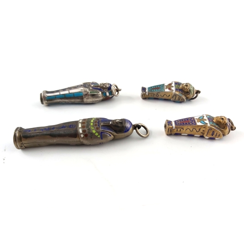 297 - Four gold plated and enamelled novelty Egyptian revival propelling pencils, circa 1920s, modelled as... 