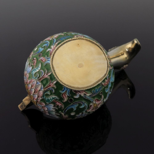 24 - A Russian silver gilt and cloisonne enamel kovsh, with floral pattern on a green ground, stamped St.... 