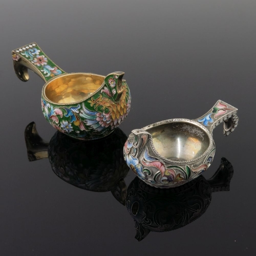 24 - A Russian silver gilt and cloisonne enamel kovsh, with floral pattern on a green ground, stamped St.... 