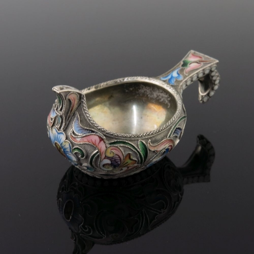 24 - A Russian silver gilt and cloisonne enamel kovsh, with floral pattern on a green ground, stamped St.... 