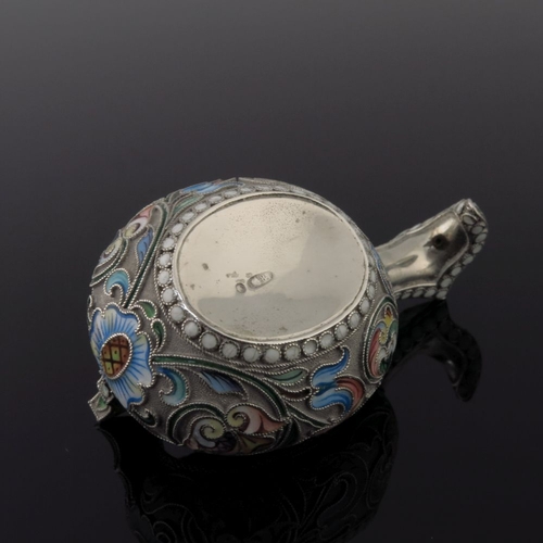 24 - A Russian silver gilt and cloisonne enamel kovsh, with floral pattern on a green ground, stamped St.... 