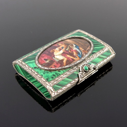 34 - A Continental silver enamel snuff box, the cover with an oval enamel cartouche of classical figures ... 