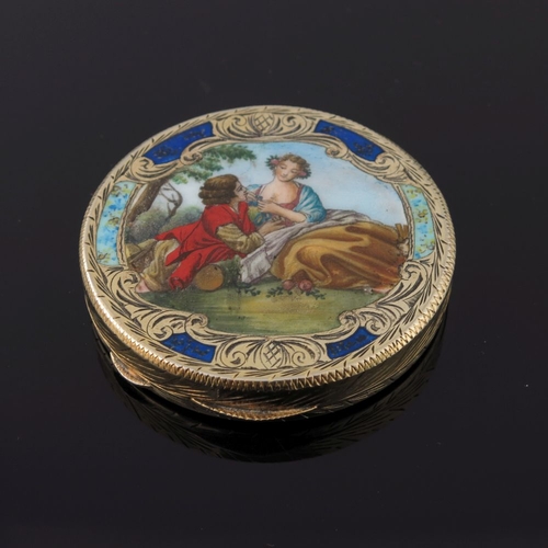 35 - Two Continental silver gilt powder compacts, each with printed enamelled covers depicting courtly co... 