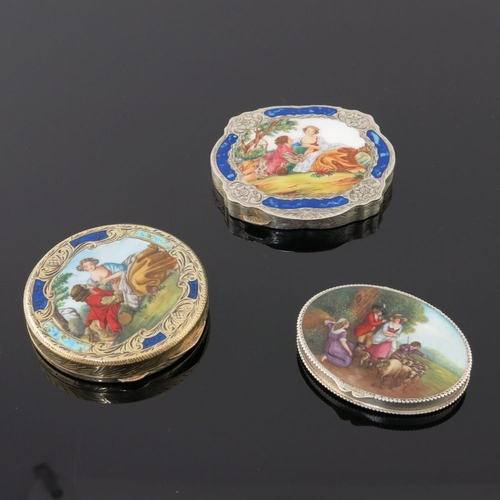 35 - Two Continental silver gilt powder compacts, each with printed enamelled covers depicting courtly co... 