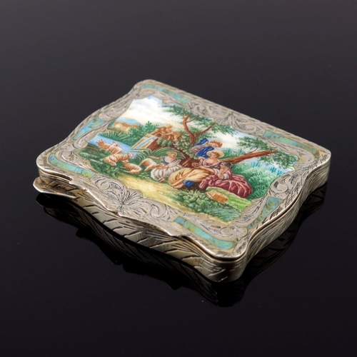 36 - An Italian silver gilt powder compact, of serpentine form, the cover enamelled with a courtly figure... 