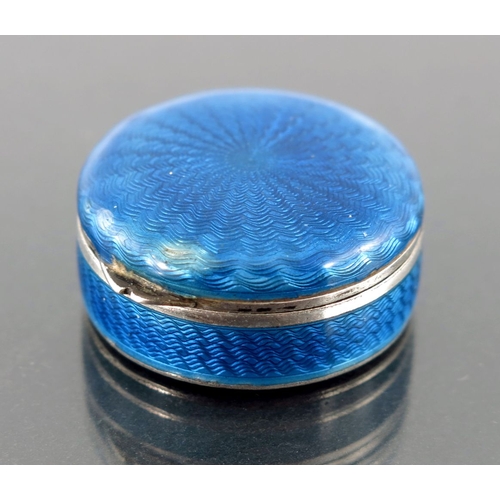 45 - A Norwegian silver and enamelled pill box, circular form with domed blue guilloche enamel lid and en... 