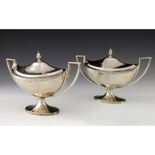 69 - A pair of George III silver sauce tureens and covers, Henry Chawner and John Emes, London 1797, twin... 