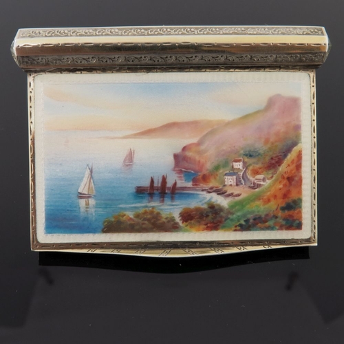 74 - A mid Victorian silver gilt snuff box, the cover painted with a Continental harbour scene with saili... 