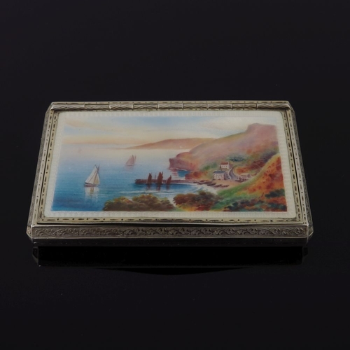 74 - A mid Victorian silver gilt snuff box, the cover painted with a Continental harbour scene with saili... 