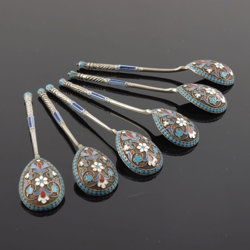 8 - A set of six Russian silver gilt cloisonne enamel spoons, struck standard and workmaster marks, in a... 