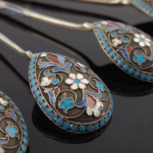 8 - A set of six Russian silver gilt cloisonne enamel spoons, struck standard and workmaster marks, in a... 