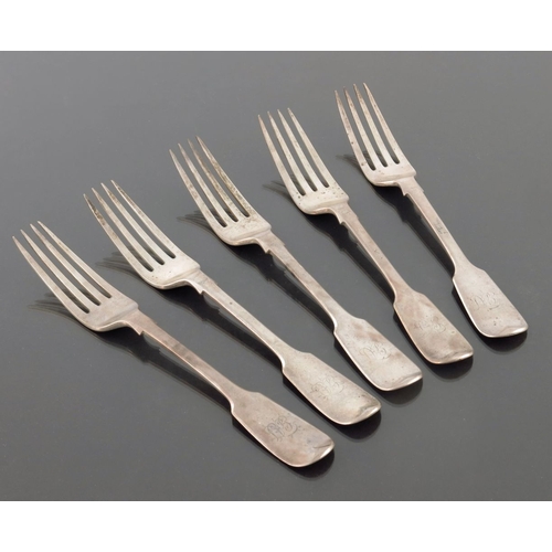 80 - A set of five Victorian silver dinner forks, George Adams, London 1868, Fiddle pattern, 20.5cm long,... 