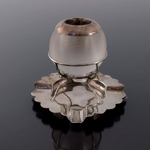 83 - An Edwardian silver and glass match striker ashtray, Walker and Hall, Sheffield 1905, the ribbed sph... 