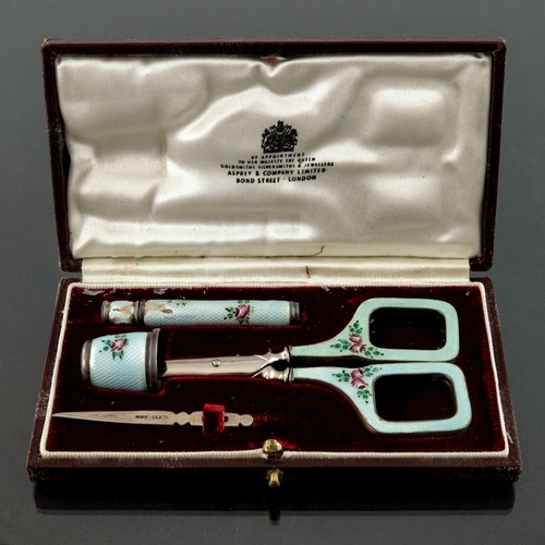 92 - Asprey & Co, London, a cased silver and turquoise guilloche enamel sewing set, including scissors, n... 