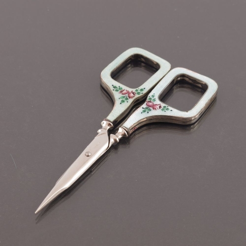 92 - Asprey & Co, London, a cased silver and turquoise guilloche enamel sewing set, including scissors, n... 