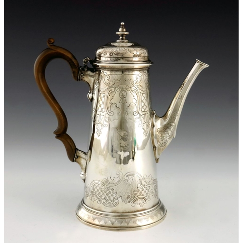 93 - A George II silver coffee pot, Richard Burcombe, London 1734, conical form with fluted petal spout a... 