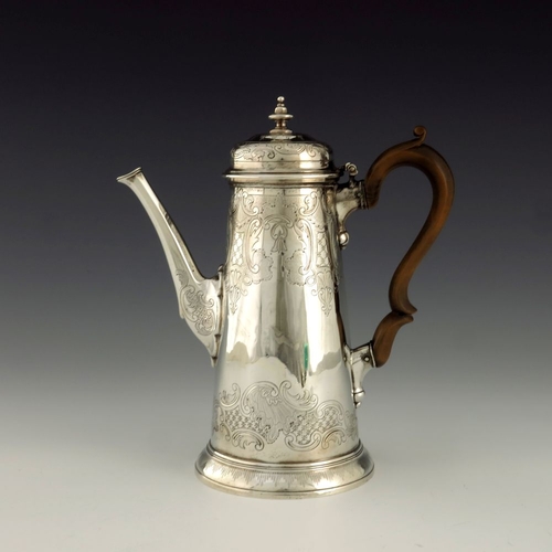 93 - A George II silver coffee pot, Richard Burcombe, London 1734, conical form with fluted petal spout a... 