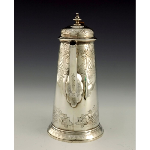 93 - A George II silver coffee pot, Richard Burcombe, London 1734, conical form with fluted petal spout a... 