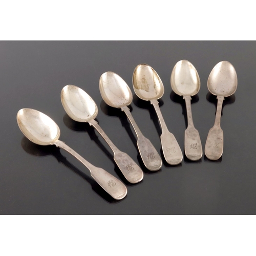 117 - A matched set of six George IV and Victorian silver dessert spoons, Elizabeth and John Eaton etc., L... 