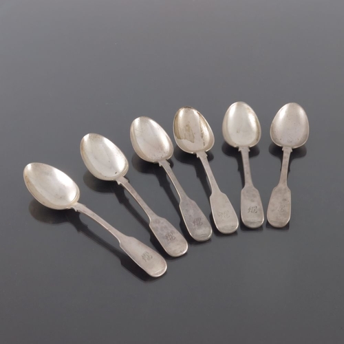 117 - A matched set of six George IV and Victorian silver dessert spoons, Elizabeth and John Eaton etc., L... 