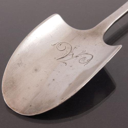 120 - A George III silver and ivory stilton scoop, James Darquits, London 1800, the chamfered conical hand... 