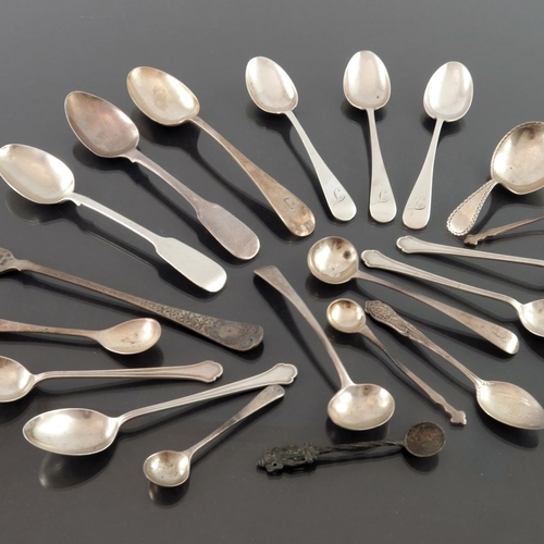 124 - A collection of George III and later silver teaspoons, condiment spoons, caddy spoon and pickle fork... 