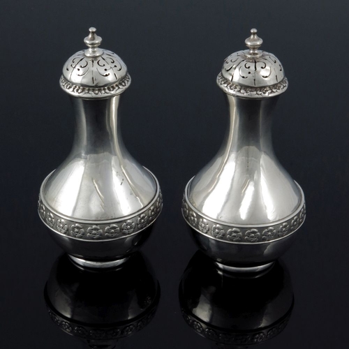 135 - A pair of Victorian silver salt and pepper pots, Jesse Earls, London 1881, baluster form, cast bands... 