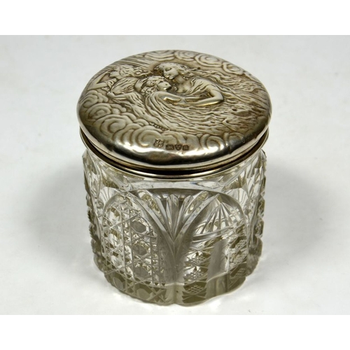 142 - An Edwardian silver topped cut glass pot, James Deakin & Sons, Chester 1905, lid with art nouveau de... 