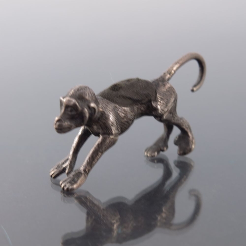 163 - An Edwardian novelty silver pin cushion, Levi and Salaman, Birmingham 1909, modelled as a monkey, wi... 