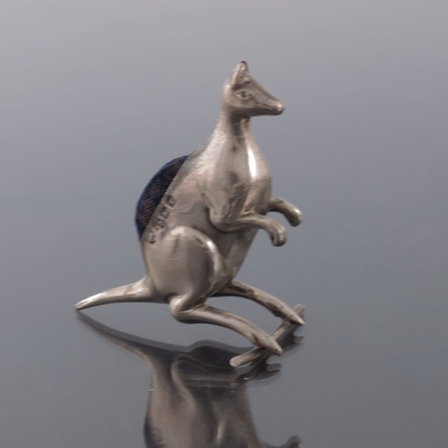 165 - An Edwardian novelty silver pin cushion, W J Myatt and Co., Birmingham 1908, modelled as a kangaroo,... 