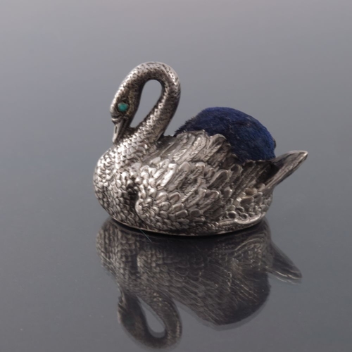 170 - An Edwardian novelty silver pin cushion, Levi and Salaman, Birmingham 1901, modelled as a swan, set ... 