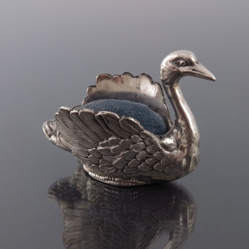 170 - An Edwardian novelty silver pin cushion, Levi and Salaman, Birmingham 1901, modelled as a swan, set ... 