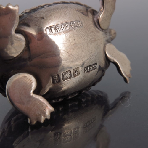 180 - An Edwardian novelty silver pin cushion, Saunders and Shepherd, Birmingham 1906, modelled as a turtl... 