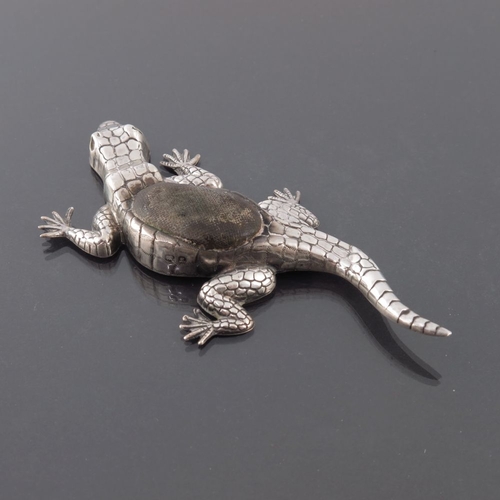 181 - An Edwardian novelty silver pin cushion, Crisford and Norris, Birmingham 1906, modelled as a lizard,... 