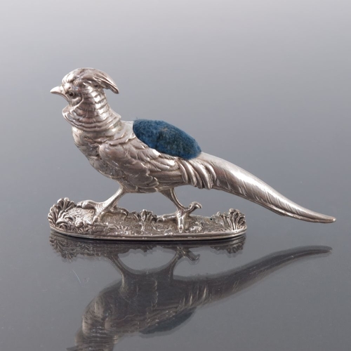 183 - A Victorian novelty silver pin cushion, M Friedlander and Co, Chester 1900, modelled as a pheasant, ... 