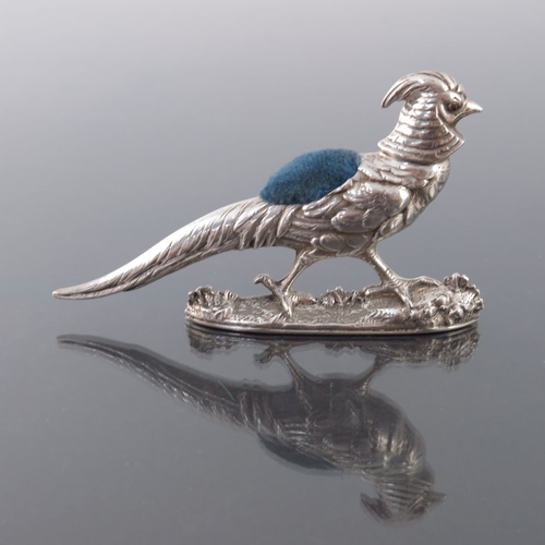 183 - A Victorian novelty silver pin cushion, M Friedlander and Co, Chester 1900, modelled as a pheasant, ... 