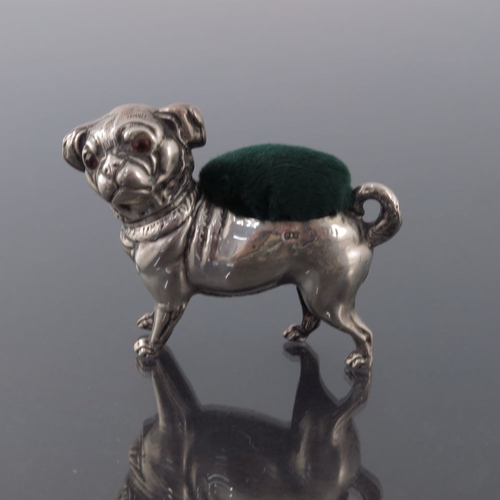 188 - An Edwardian novelty silver pin cushion, Crisford and Norris, Birmingham 1906, modelled as a pug dog... 