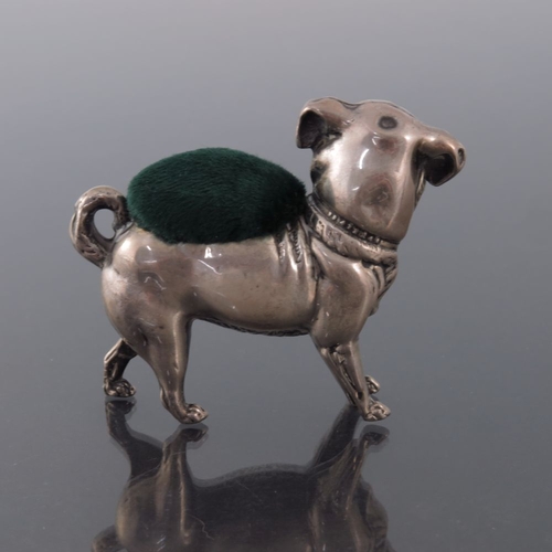 188 - An Edwardian novelty silver pin cushion, Crisford and Norris, Birmingham 1906, modelled as a pug dog... 