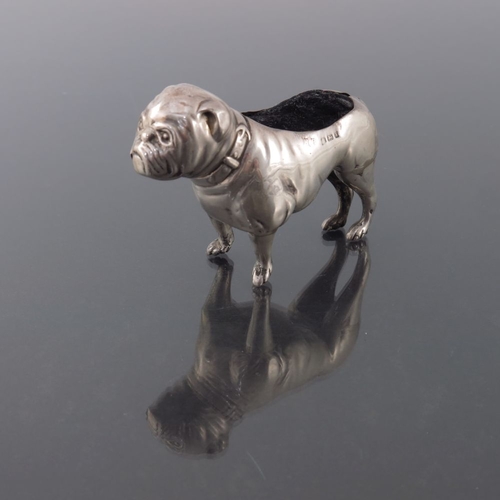 190 - An Edwardian novelty silver pin cushion, Robert Pringle, Birmingham 1906, modelled as a bulldog, sta... 