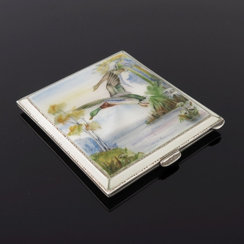 203 - A George VI silver square powder compact, the cover enamelled with Mallard in flight, maker Henry Cl... 