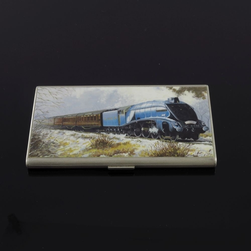 206 - A George VI silver pocket cigarette case, engine turned, the cover enamelled with an image of a stre... 